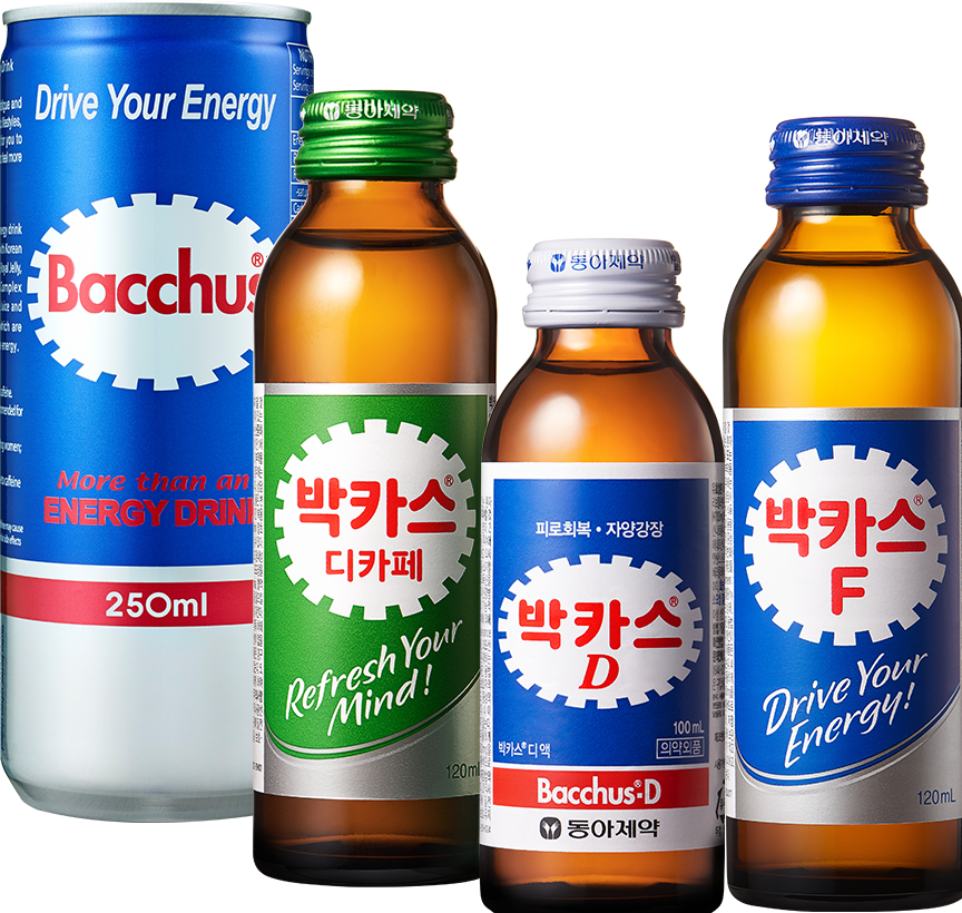 Drive your Energy Bacchus more then an Energy Drink 250ml, 박카스 Decafe-a 동아제약 피로회복.자양강장 Refresh Your Mind! 100ml, 박카스D 동아제약 피로회복.자양강장 100ml Bacchusd-D, 박카스 F Drive Your Energy 120ml